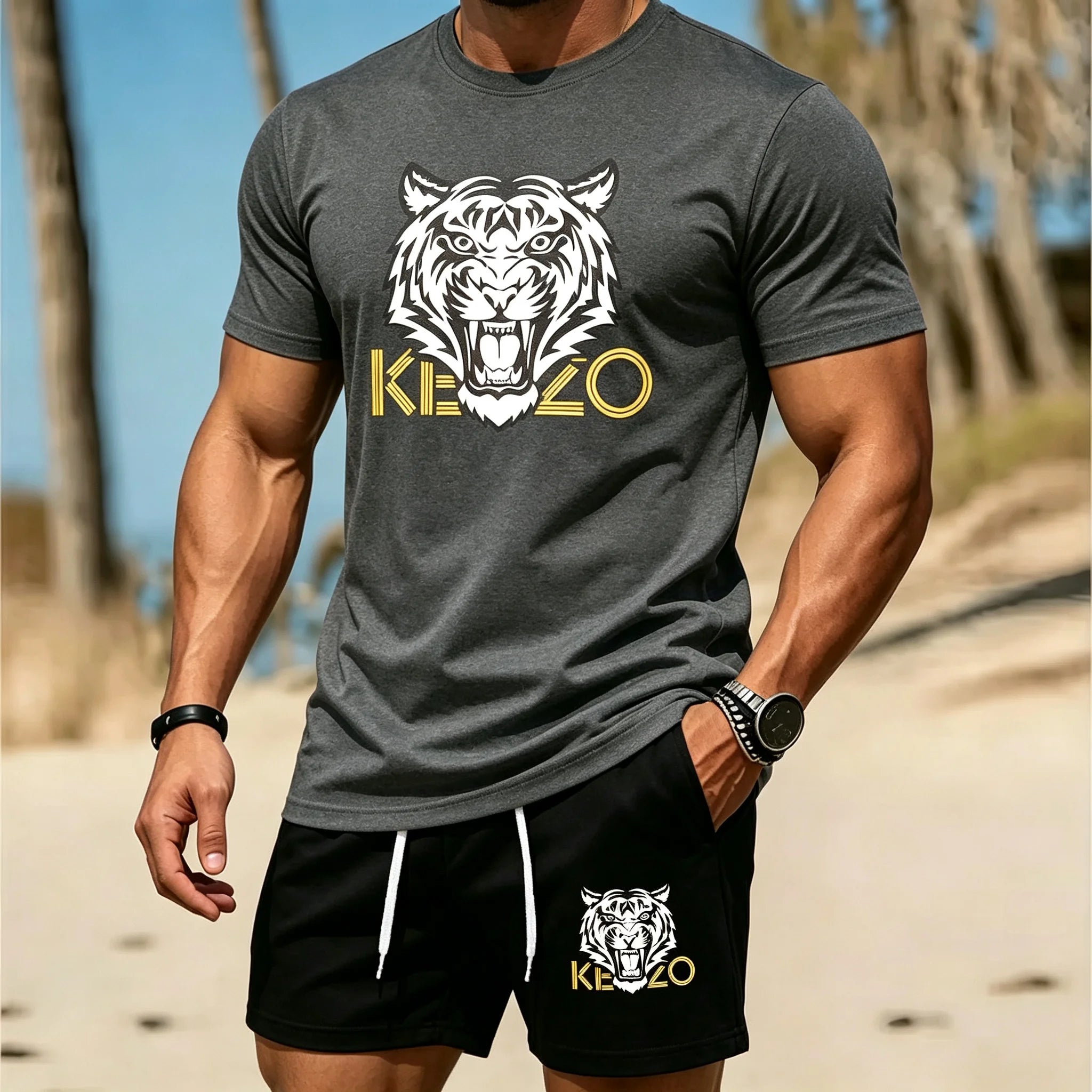 Men Summer Tiger Stripe 2 Piece Tracksuit Breathable Quick Dry Short Sleeve T Shirt Shorts Set Gym Running Sportswear