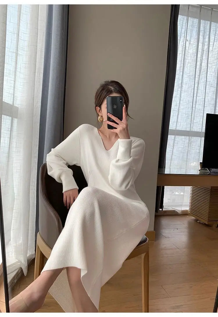 French Knit V-Neck Midi Dress