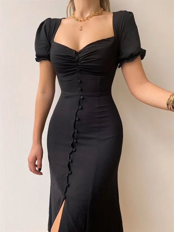 Elegant Dresses Women Summer Sexy Dress 2024 New V-Neck Single Breasted Short Puff Sleeves Solid High Waist Hem Split Midi Dress