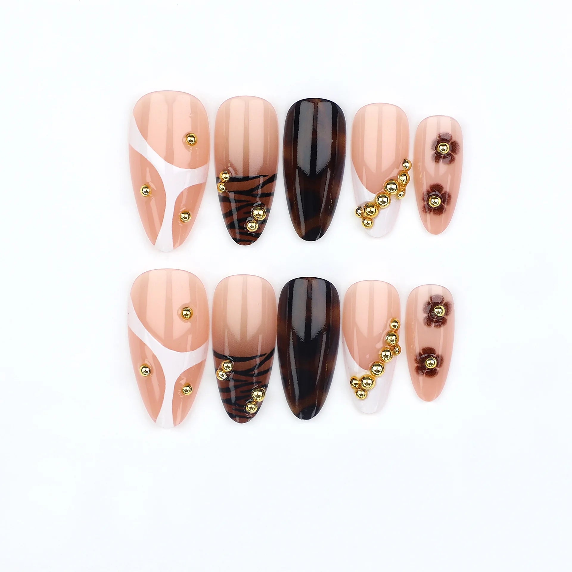 Medium fake nails for women Gradient nude brown blue flowers or rhinestones fall winter almond tips press on false nail art set