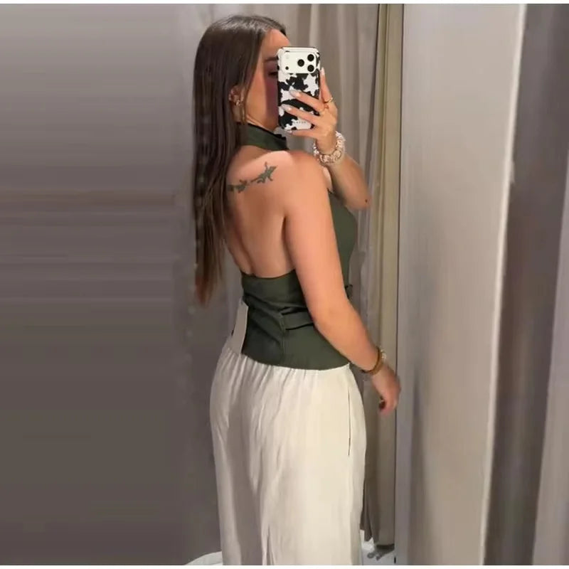 Women's Top 2026 Summer Elegant Fashion Silky Vacation Halter Neck Backless Sexy Unique Army Green Beach Style Party Women's Top