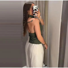 Women's Top 2026 Summer Elegant Fashion Silky Vacation Halter Neck Backless Sexy Unique Army Green Beach Style Party Women's Top