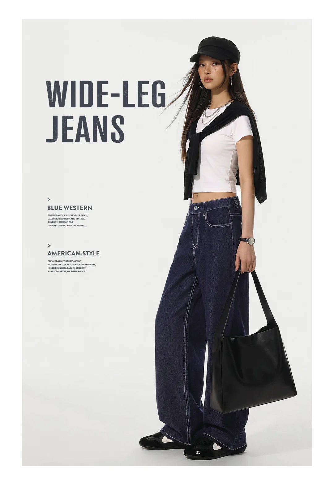Maden Women's Vintage 12.4oz Washed Denim Jeans Straight Wide-Leg Casual Loose Fit Blue Trousers For Spring and Fall Streetwear