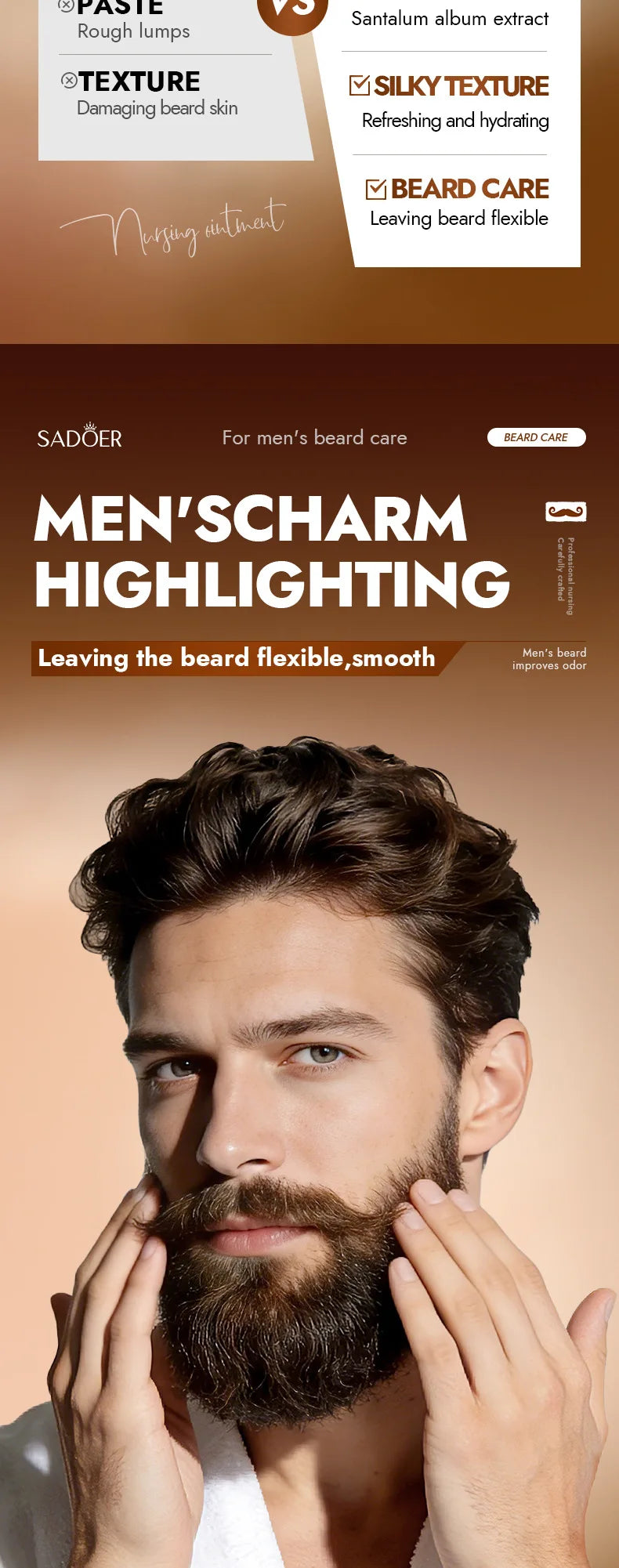Men's Sandalwood Beard Care Balm Tame Unruly Hairs, Deeply Cleanse & Moisturize Dry Beards, Promote Healthie Thicker Facial Hair
