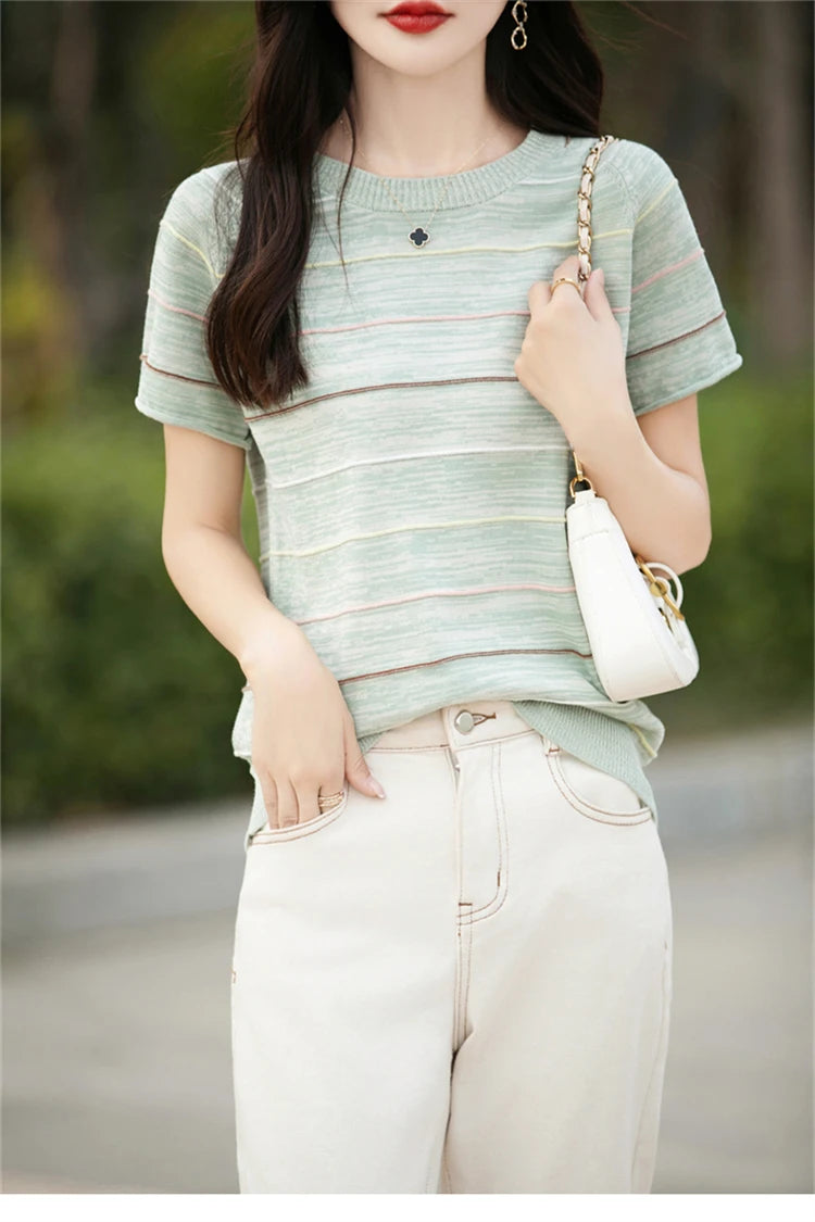 Women's T-shirts Summer New 100% Cotton Short Sleeve Casual Striped Knit Blouse Round Neck Tops Loose Pullover Tees