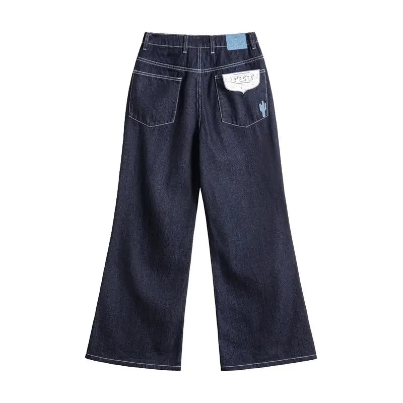 Maden Women's Vintage 12.4oz Washed Denim Jeans Straight Wide-Leg Casual Loose Fit Blue Trousers For Spring and Fall Streetwear