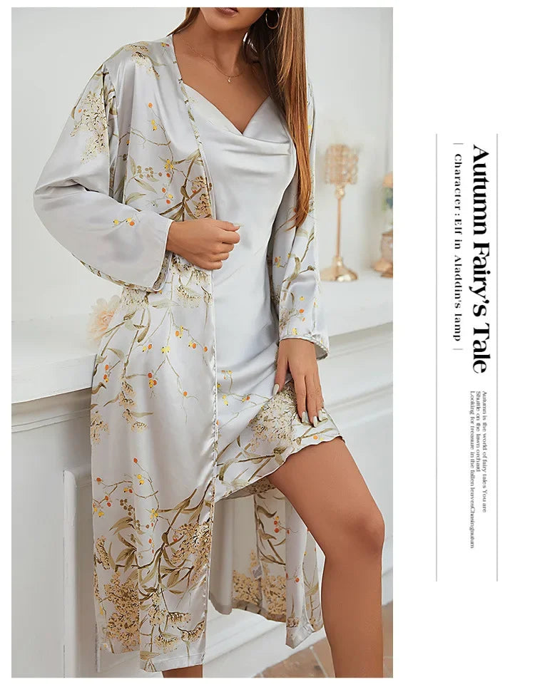 2-pcs Women's Nightgown Women's Pajamas Satin Dress Sexy Slip Dress Women's Silk Robe Satin Woman Nightie Home Suit for Women