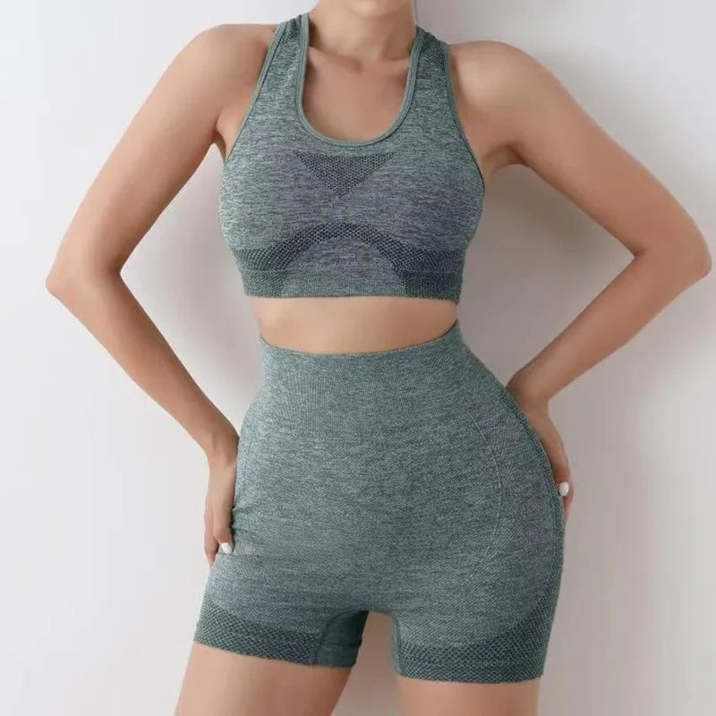 Women Seamless Yoga Set With Gym Shorts Sport Bras Brassiere Workout Tops And Fitness Leggings Clothing For Athletic Training