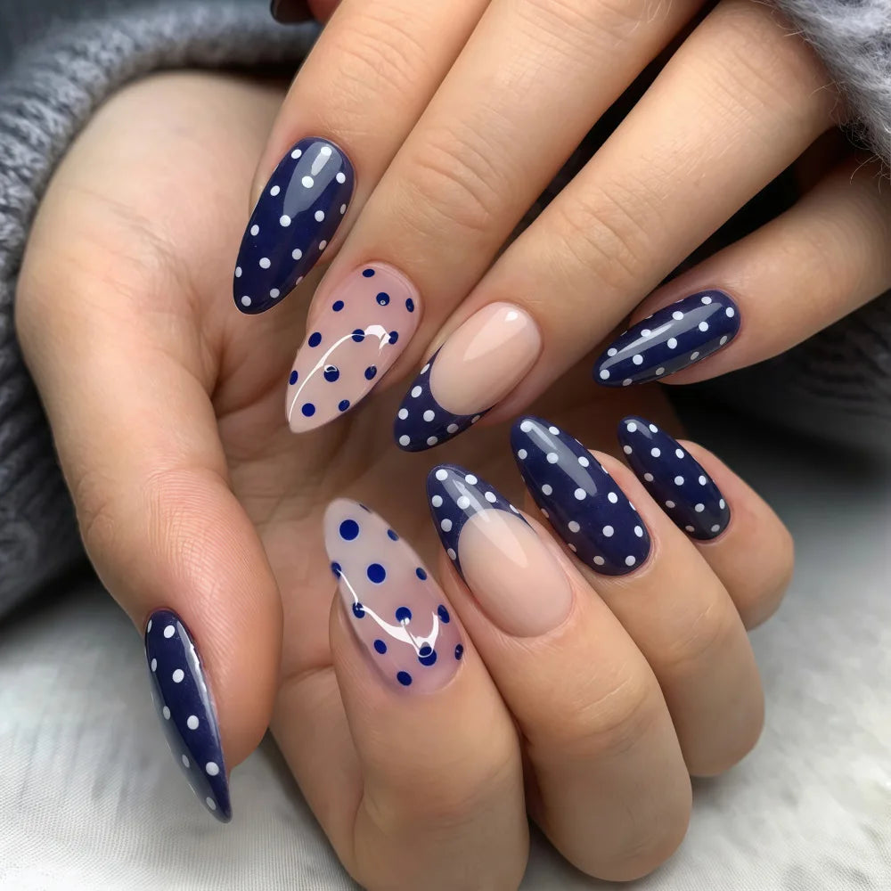 Medium long fake nails for women girls pink white black red blue brown polka dots design almond ballet tips press on false nail