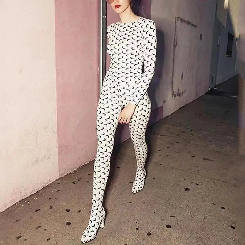 Women Jumpsuit Y2K Streetwear Moon Print Jumpsuit Elastic Long Sleeve Round Neck Autumn Sexy Fashion Bodysuit