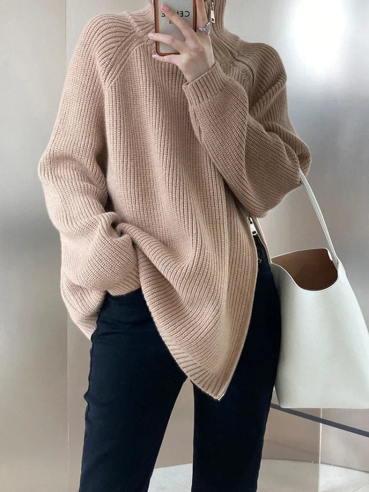 Oversized Zip Turtleneck Knit Sweater