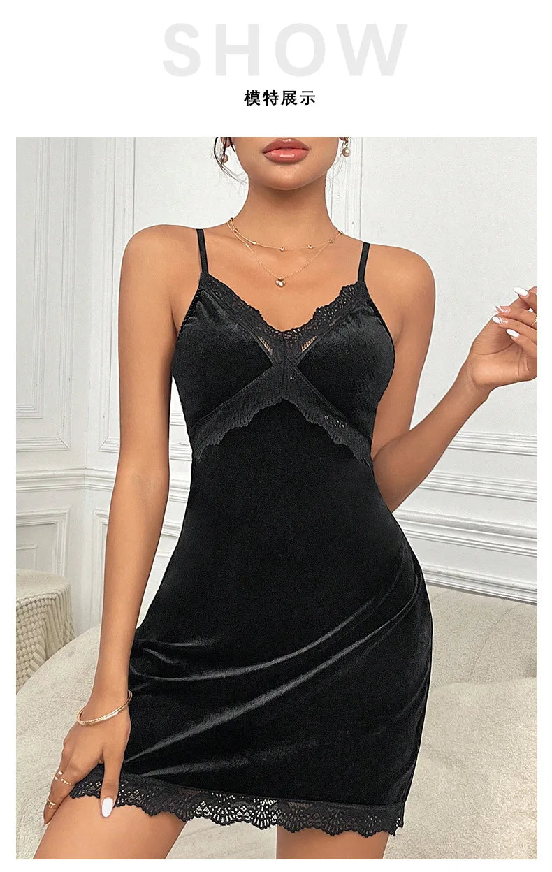 Women's Velvet Nightdress Sexy Deep V Nightgown Female Lace Patchwork Suspender Skirt Backless Adjustable shoulder strap Dress