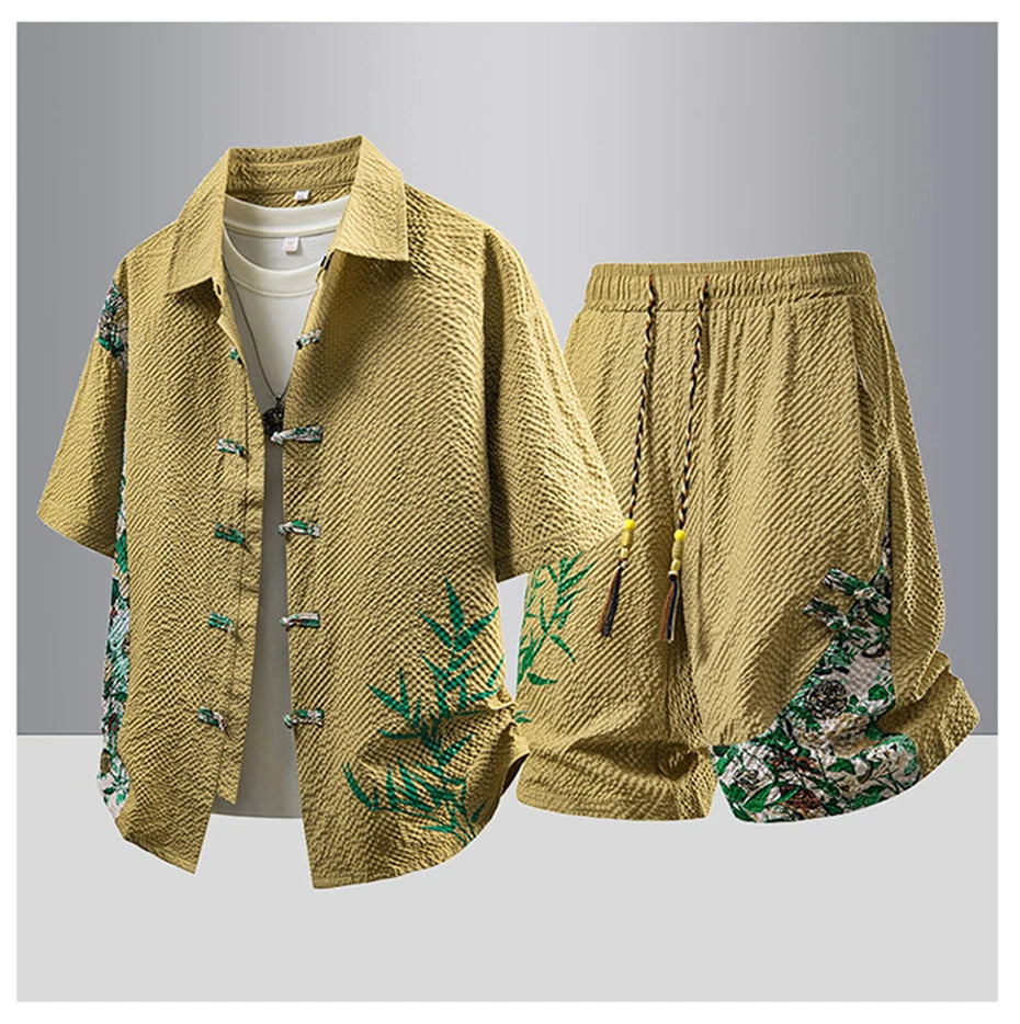 Summer Tracksuits Men Traditional Chinese Style Suit Shirt Shorts Tang Suit Male Fashion Casual Summer Sets