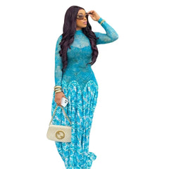 Floral Turtleneck A-Line Maxi Dress
