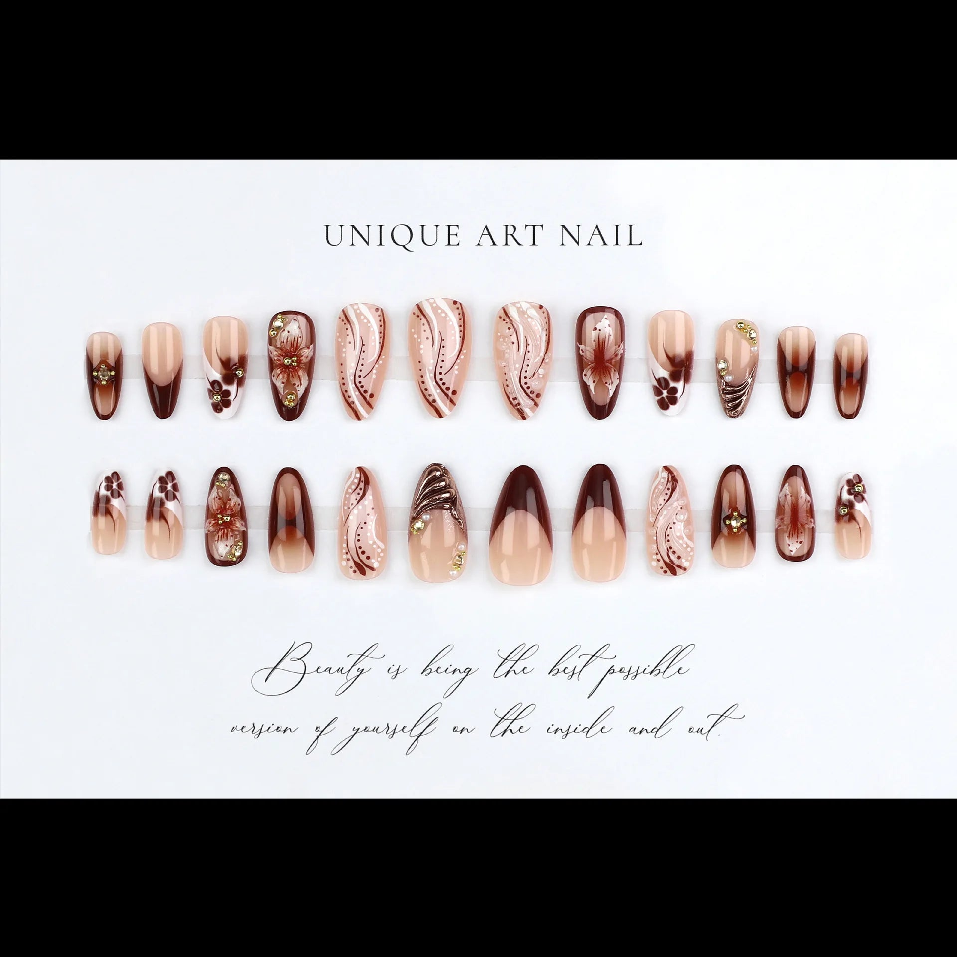 Medium fake nails for women Gradient nude brown blue flowers or rhinestones fall winter almond tips press on false nail art set