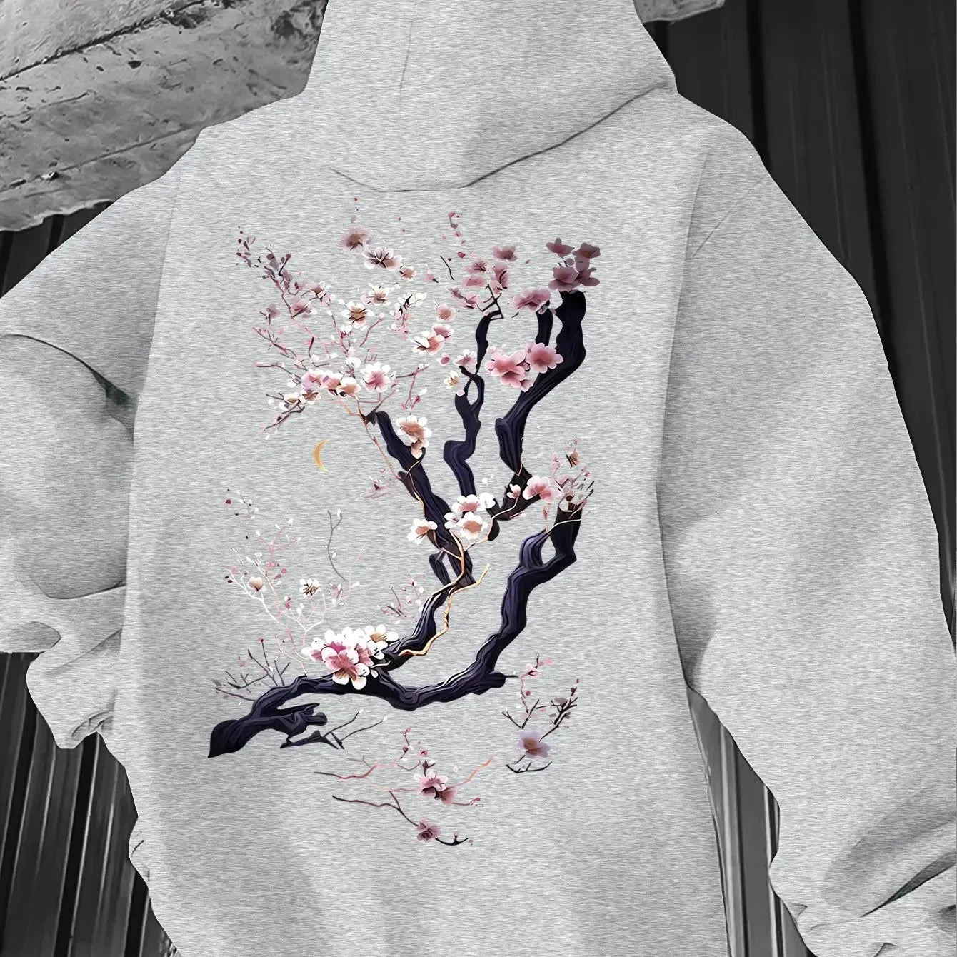 Men'S Hoodie Designed with Retro Ink Wash Style Cherry Blossom Branches Reflecting Eastern Aesthetics Made from Knit Fabric