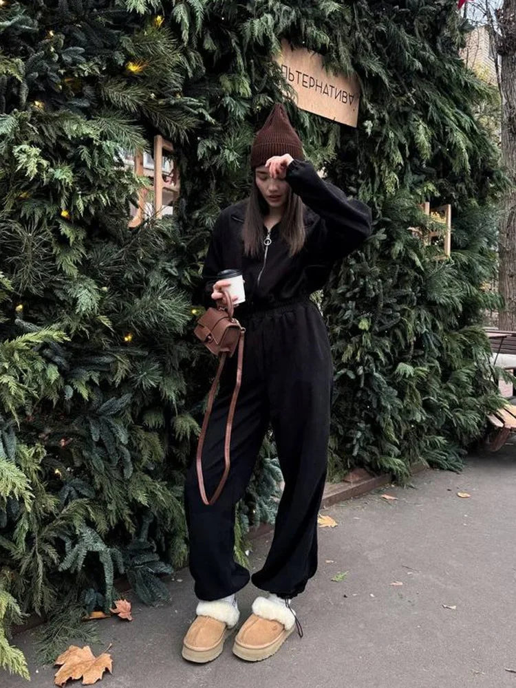Jumpsuit Women 2026 New Fashionable Long Sleeved Jumpsuit for Women's Casual Half Open Collar Elastic Waist Jumpsuit