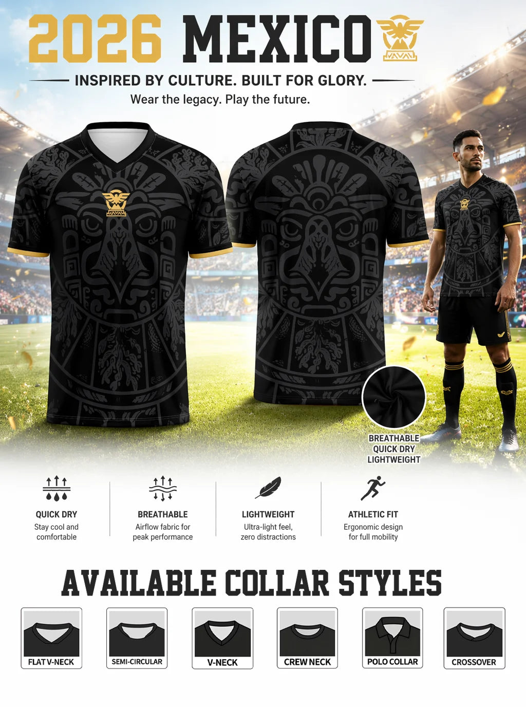 Men's Mexico inspired football polo. Classic black & gold design, lightweight top for sports and daily casual wear
