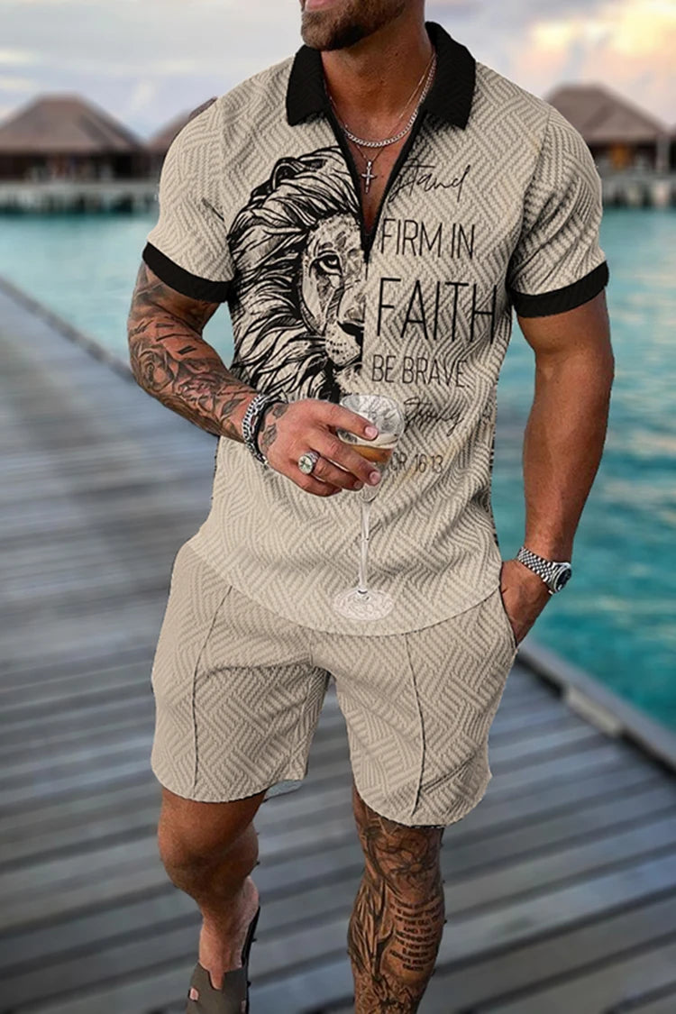 Summer Men's Tracksuit Short Sleeve Polo Shirt Set Fashion Luxury Chain Print Clothing 2 Pieces Casual Suit Streetwear Outfit