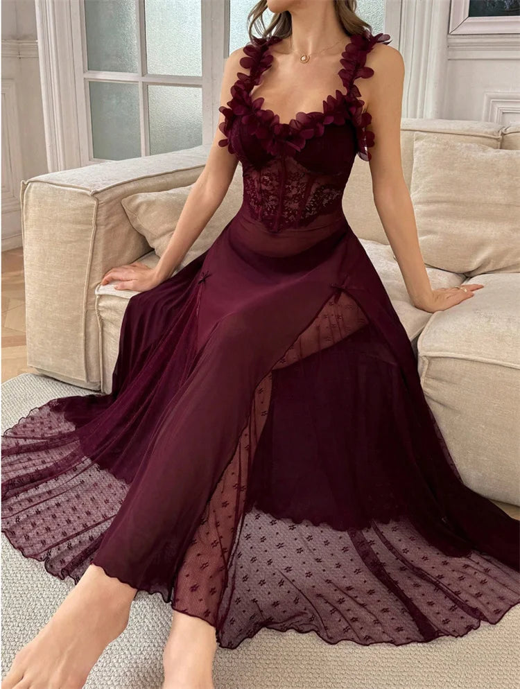 Night Dress Woman Suspenders Polka Dot Mesh Sleepwear Fairy Bow Long Dress Pajama Petal Nightwear V-Neck Backless Sexy Nightgown