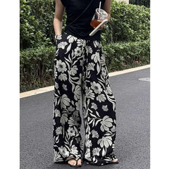 Wide-leg Pants for Women Summer Thin Printed New Style Drawstring Elastic Loose Straight Casual