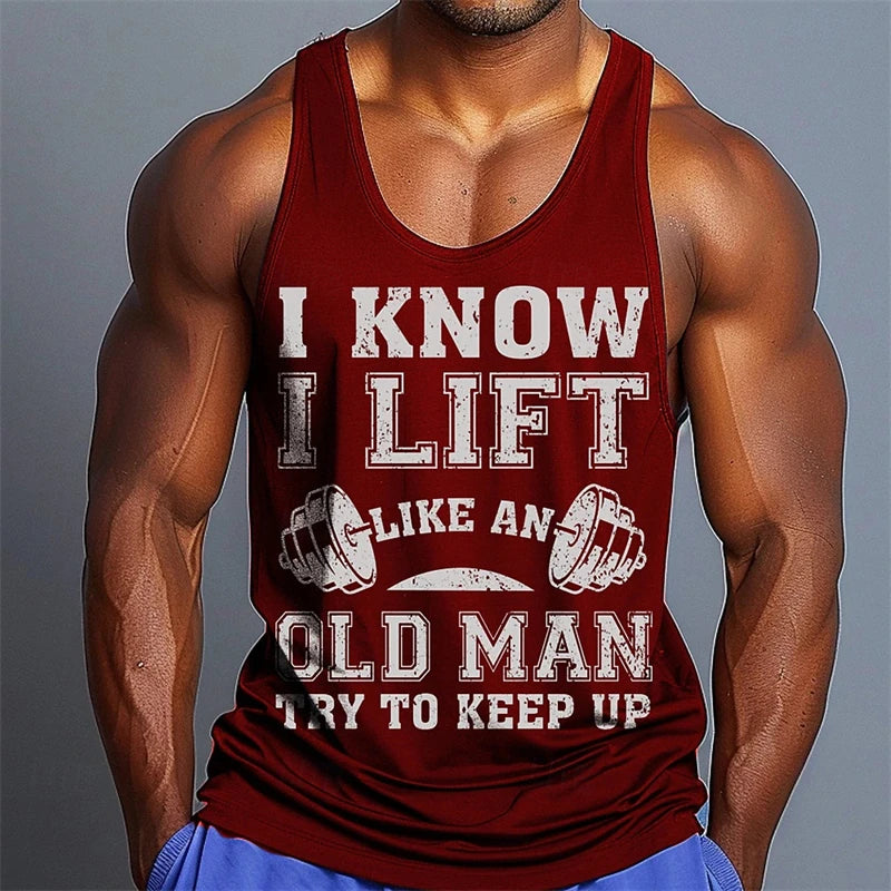Men I Know I Lift Like An Old Man Graphic Tank Top, Sleeveless Gym Workout Muscle Vest, Casual Fitness Sports Tank Shirt