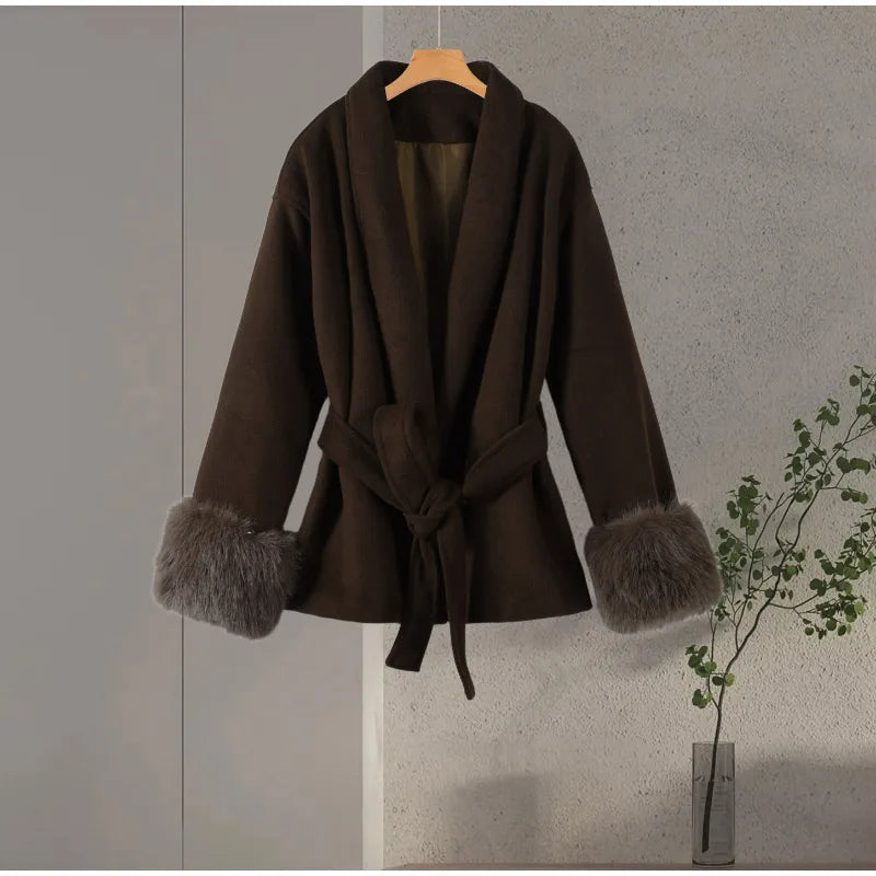 Elegant Women's Lace Up Woolen Coats Solid Full Sleeve Turn-down Collar Loose Lady Coats 2025 Autumn Winter Female Streetwear
