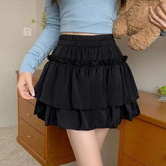 Summer Kawaii White Ruflles Skirt Women Fashion Slim Fit Chiffon Mini Skirts Giris Y2k All Match Elastic High Waist Black Faldas