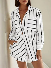 Striped Button Blouse Shorts Set