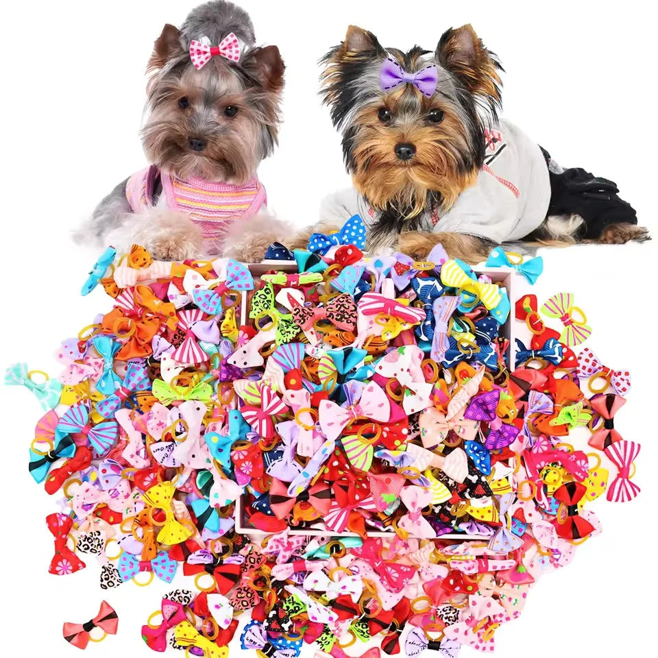 10pcs Creativity Pet Hair Accessories Bow Polyester Cute Puppy Bow with Rubber Band Suitable for Dogs Cat Grooming Accessories