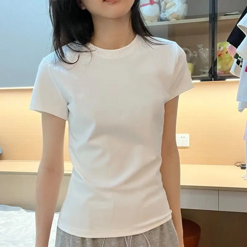 Women's Solid Short Sleeve T-Shirt Spring Summer Casual Soft Slim Fit Basic Top Tees All-Match Fashion T-Shirts for Women