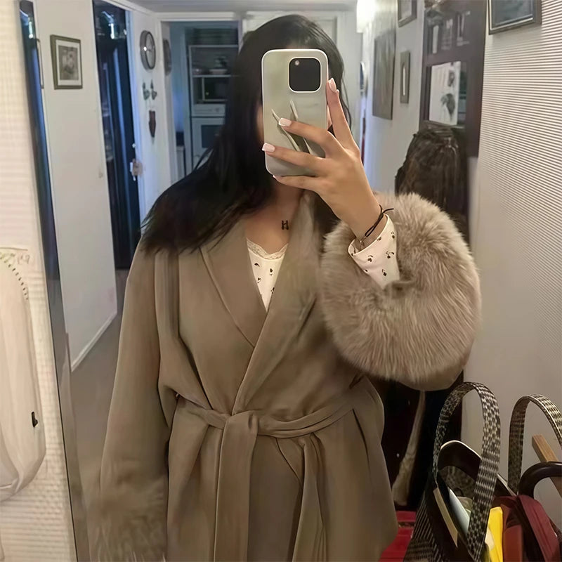 Elegant Women's Lace Up Woolen Coats Solid Full Sleeve Turn-down Collar Loose Lady Coats 2025 Autumn Winter Female Streetwear