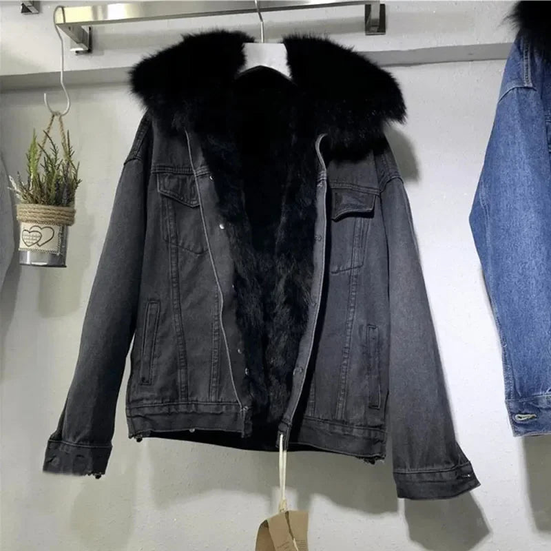 Winter Warm Coats Big Fur Collar Denim Jacket Women Basic Coat Female Cold Motorcycle Outerwear Fleece Thick Padded Overcoat
