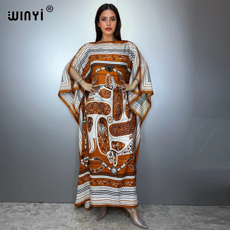 Printed Dresses For Women 2025 Fashion Design Loose Dress Batwing Maxi Long Femme Vestidos Summer Autumn Party Elegant Dress