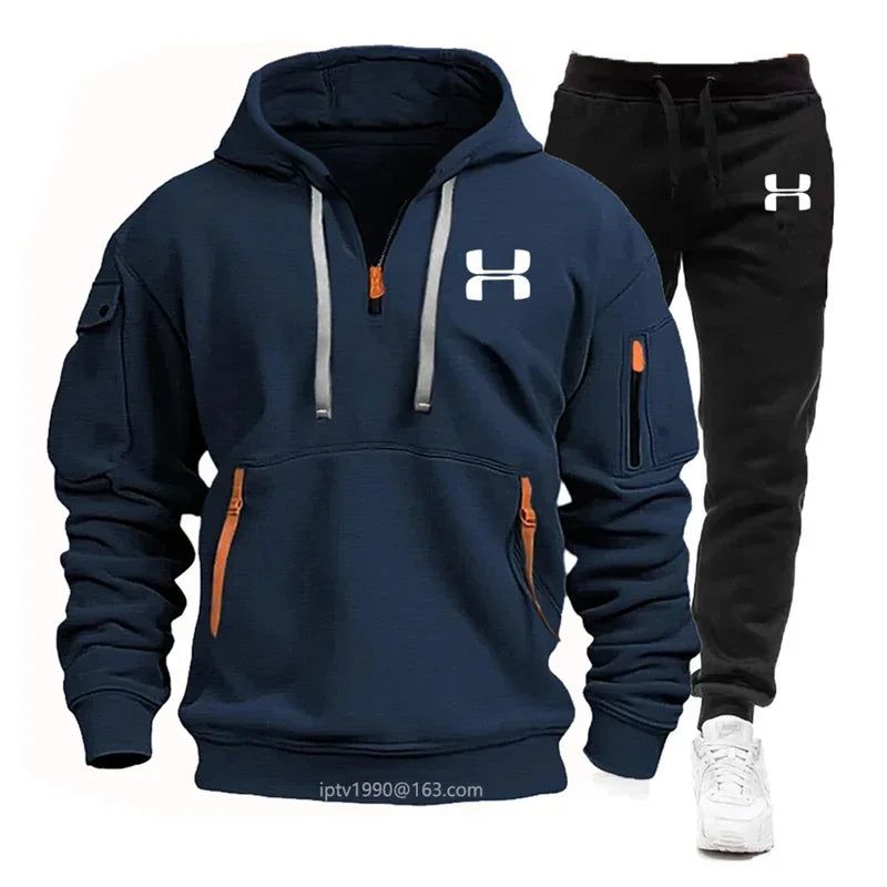 New Long Sleeve Hoodie with Zipper and Multiple Pockets for Men's Autumn and Winter + Sports and Leisure Pants Two-Piece Fitness