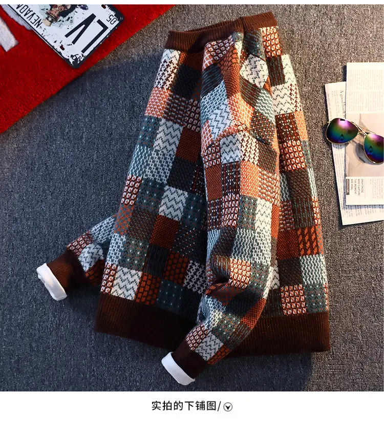 New Fashion Men Plaid Pullover Winter Sweaters Outwear Loose Casual Knitted Sweaters Male O-neck Pullovers Sweatercoats Size 4XL
