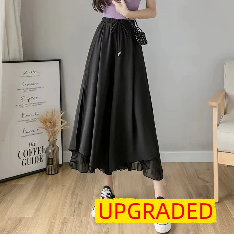 Women Pants Culottes Elastic Wide Leg Irregular Hem Double Layers Korean Trousers Summer Casual Loose Pleated Pants