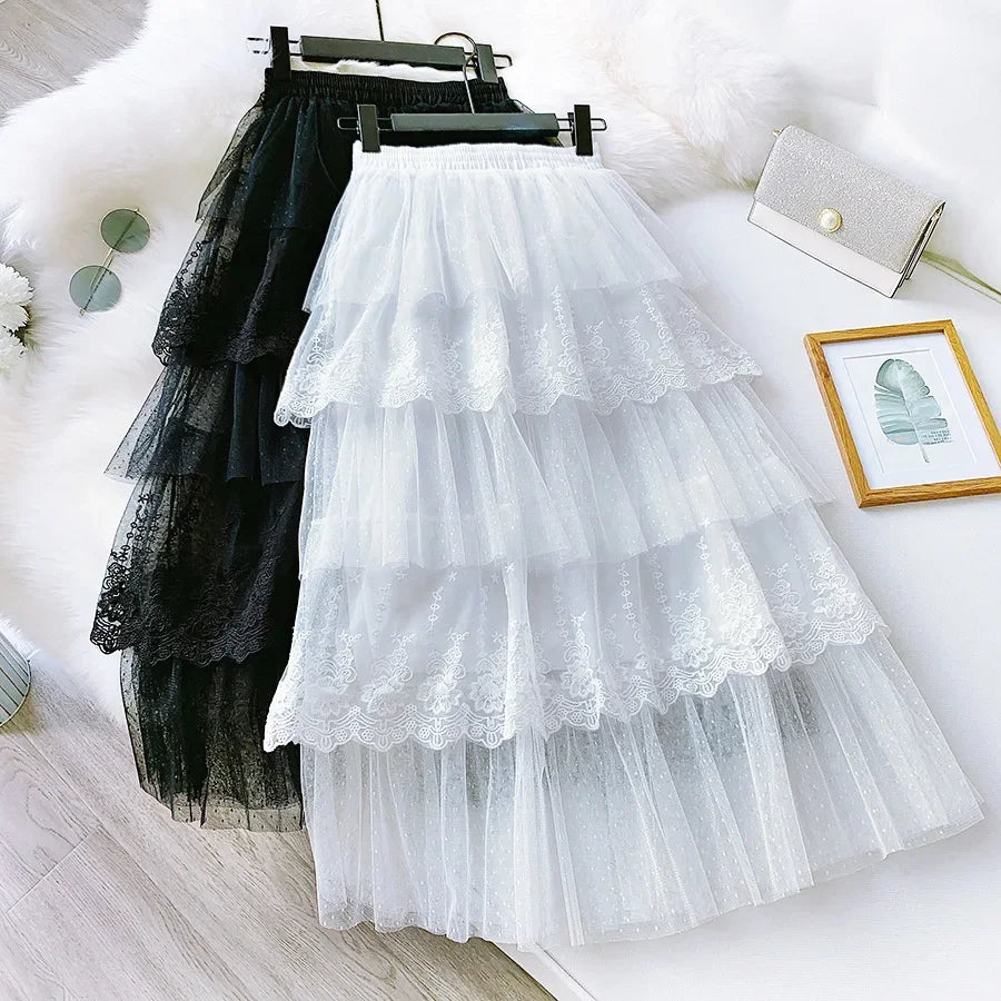 Women Skirts Cake-Style Skirt Spring Summer Fashion Lace Skirts Ladies High-Waisted Slimming Long Lace Skirt Elegant Tulle Skirt