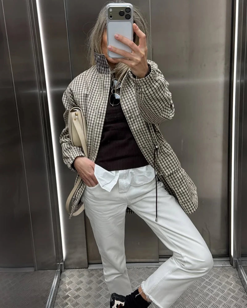 Women's Coat 2026 New Autumn Gray Plaid Long Sleeve Loose Drawstring Decorative Coat Casual Fashion Personal Ladies Outerwear