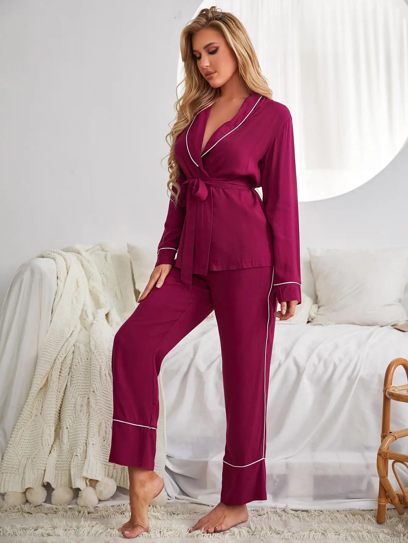 Wrap Belt V Neck Pajama Set