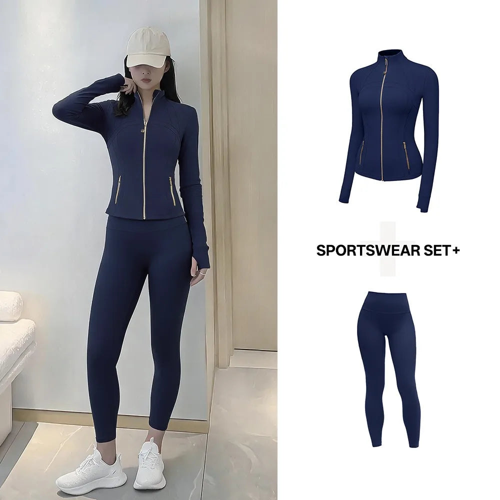 Women's Yoga Set Stand Collar Zip Jacket, Slim Fit Long Sleeve Sports Fitness Yoga Wear
