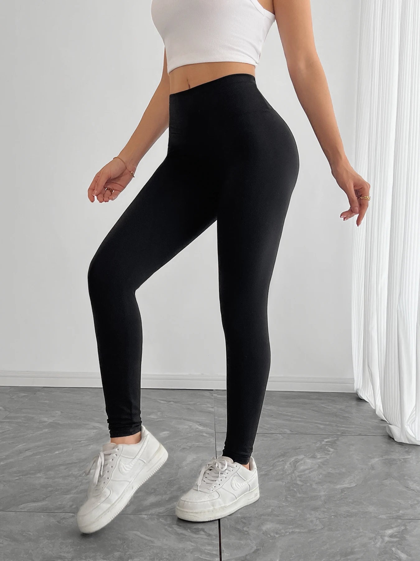 Women's leggings, high-waisted, solid color, tummy control, slimming, black, see-through, running, sports, yoga pants.
