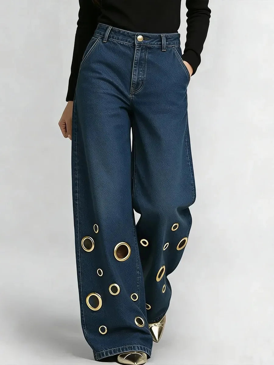 Women's High Waist Wide Leg Jeans with Gold Eyelets Vintage Baggy Denim Pants, Y2K Streetwear Hollow Out Trousers Ladies Jeans