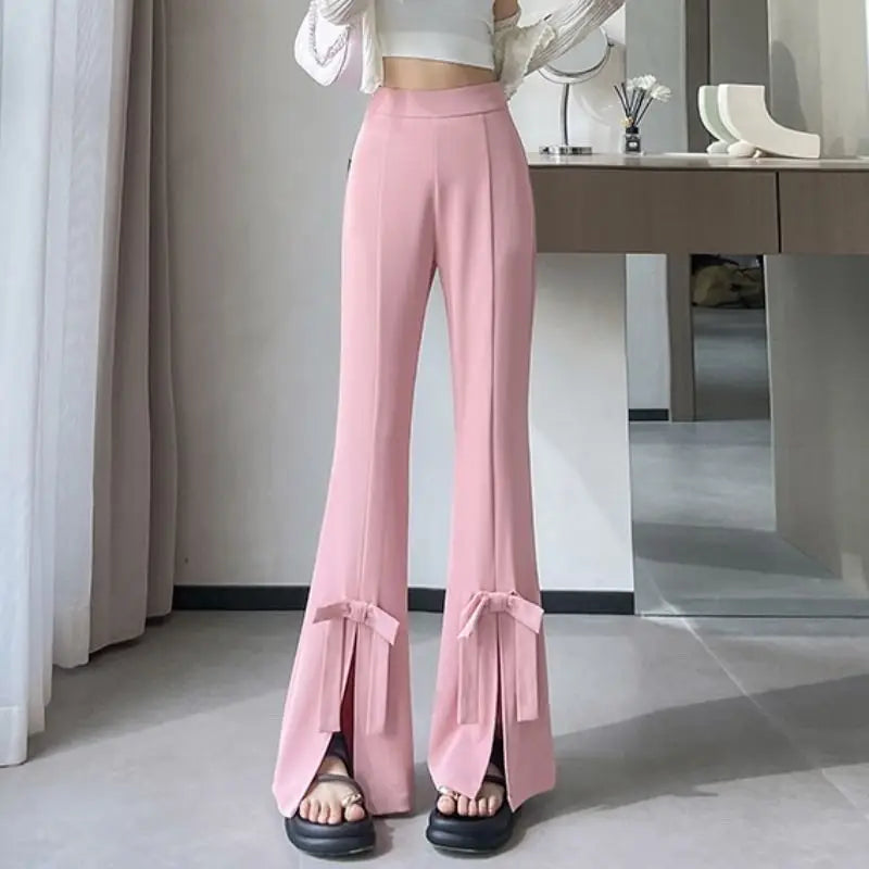 Women's Wide-Leg Pants High-Waisted with Bow Tie Detail Side Slits