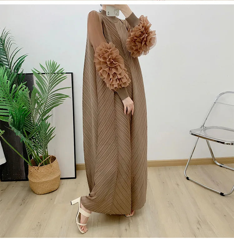 Women Elegant Evening Party Dresses 2025 Summer New Solid Colour Classic Long Sleeve Plate Flower Design Prom Dresses Female