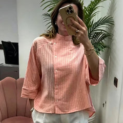 Women's Pink Striped Shirts Summer Asymmetric Button Mid Sleeve Loose Fit Shirts Casual Office Look Vintage Elegant Female Tops
