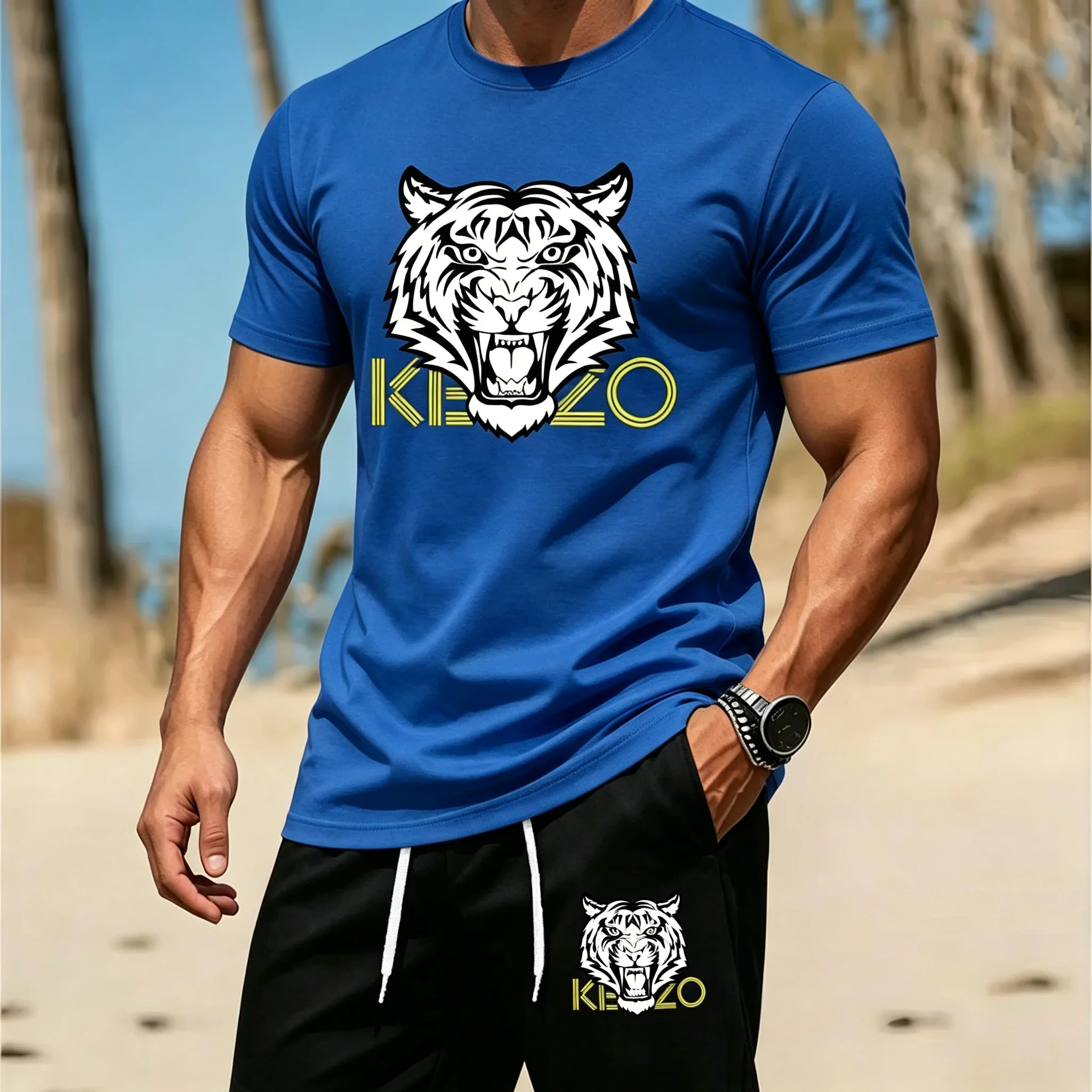 Men Summer Tiger Stripe 2 Piece Tracksuit Breathable Quick Dry Short Sleeve T Shirt Shorts Set Gym Running Sportswear