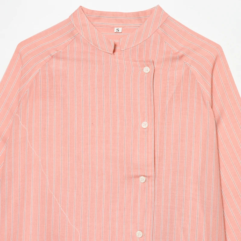 Women's Pink Striped Shirts Summer Asymmetric Button Mid Sleeve Loose Fit Shirts Casual Office Look Vintage Elegant Female Tops