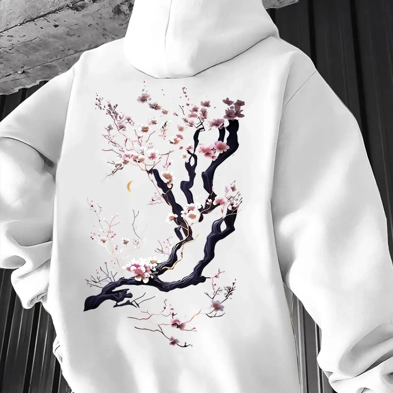 Men'S Hoodie Designed with Retro Ink Wash Style Cherry Blossom Branches Reflecting Eastern Aesthetics Made from Knit Fabric