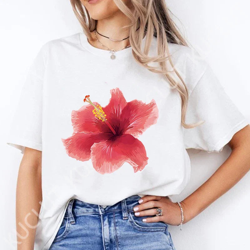 Pink Hibiscus Casual Y2K Tee